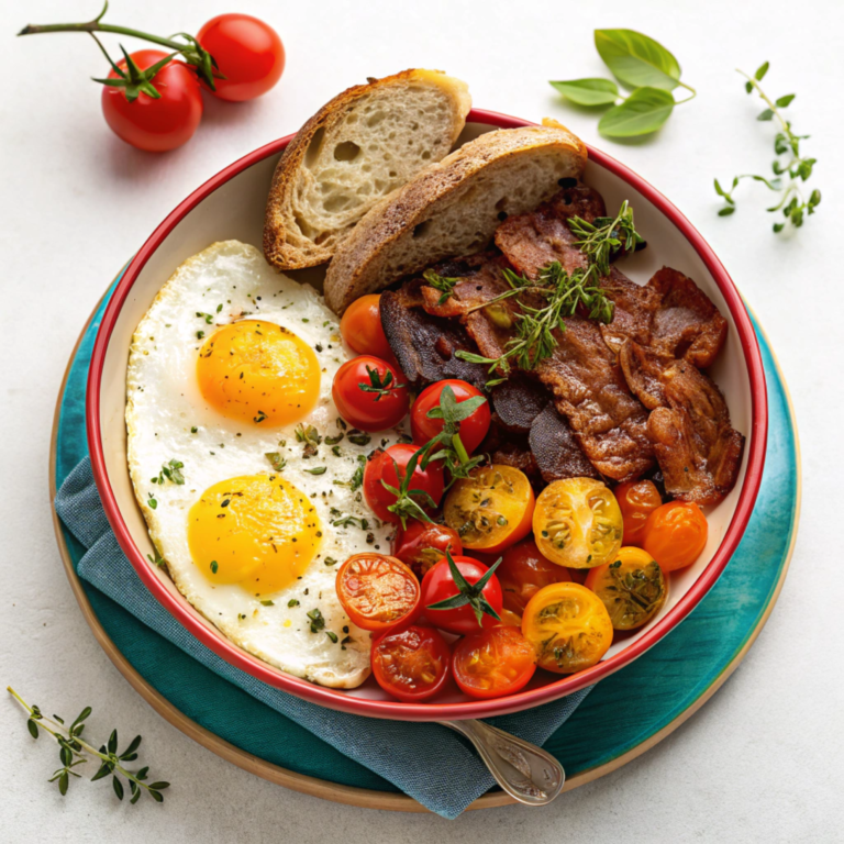 A colorful breakfast plate with sunny-side-up eggs, crispy bacon, cherry tomatoes, and slices of sourdough bread, garnished with fresh herbs