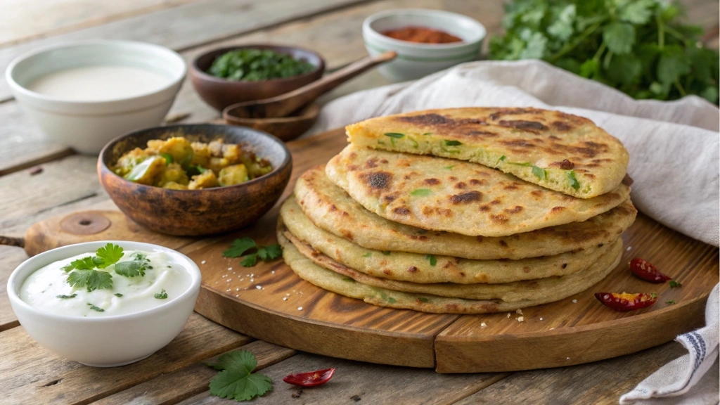 A stack of spicy potato stuffed flatbreads served with yogurt and pickles.