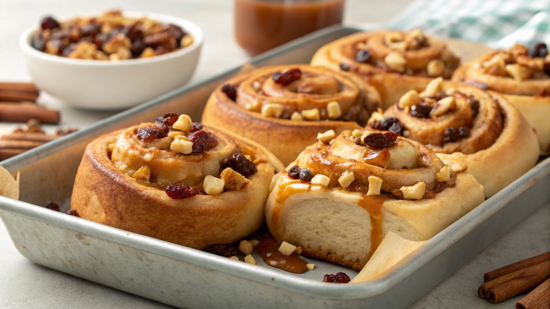 Fruity cinnamon rolls with apple chunks and caramel topping.