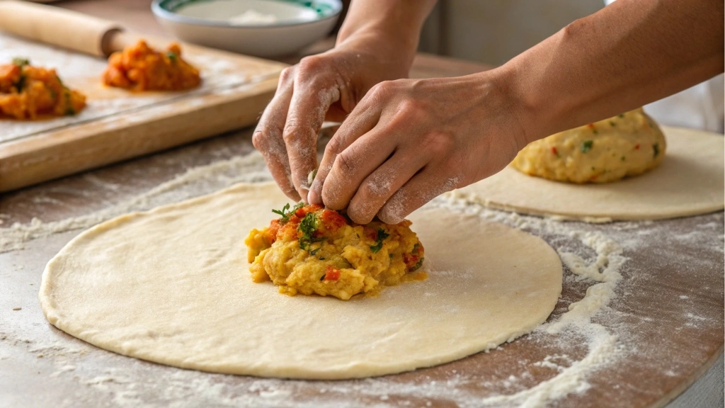  A flatbread being stuffed with spicy potato mixture.