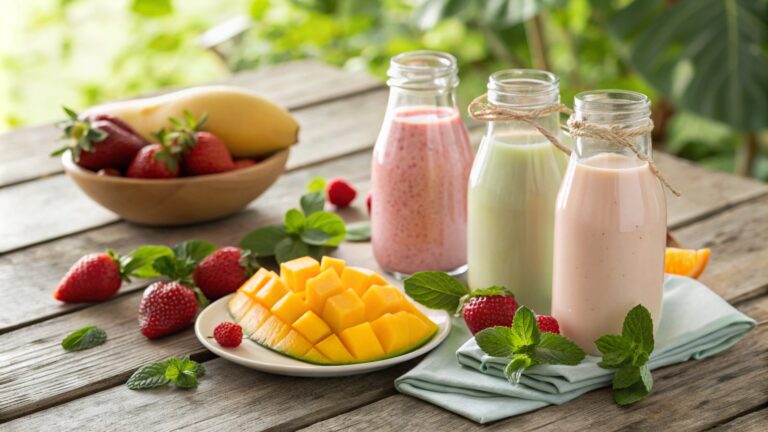 A colorful display of yogurt drinks made with fresh fruits and herbs