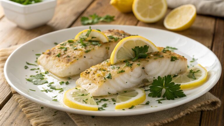 Baked cod with lemon and herbs served on a plate