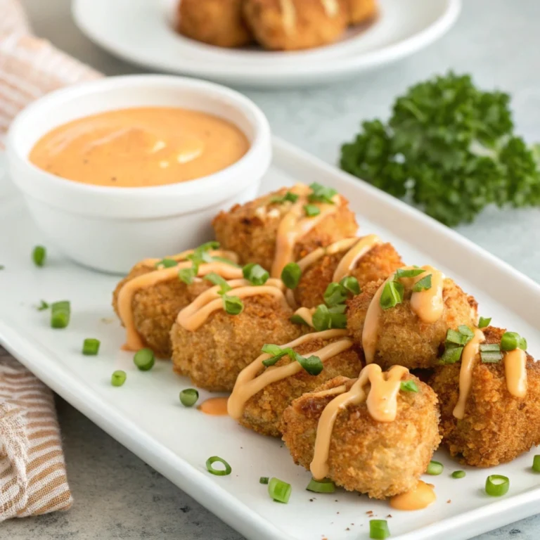 Crispy baked Bang Bang Chicken bites with creamy Bang Bang sauce, garnished with green onions, served on a white plate