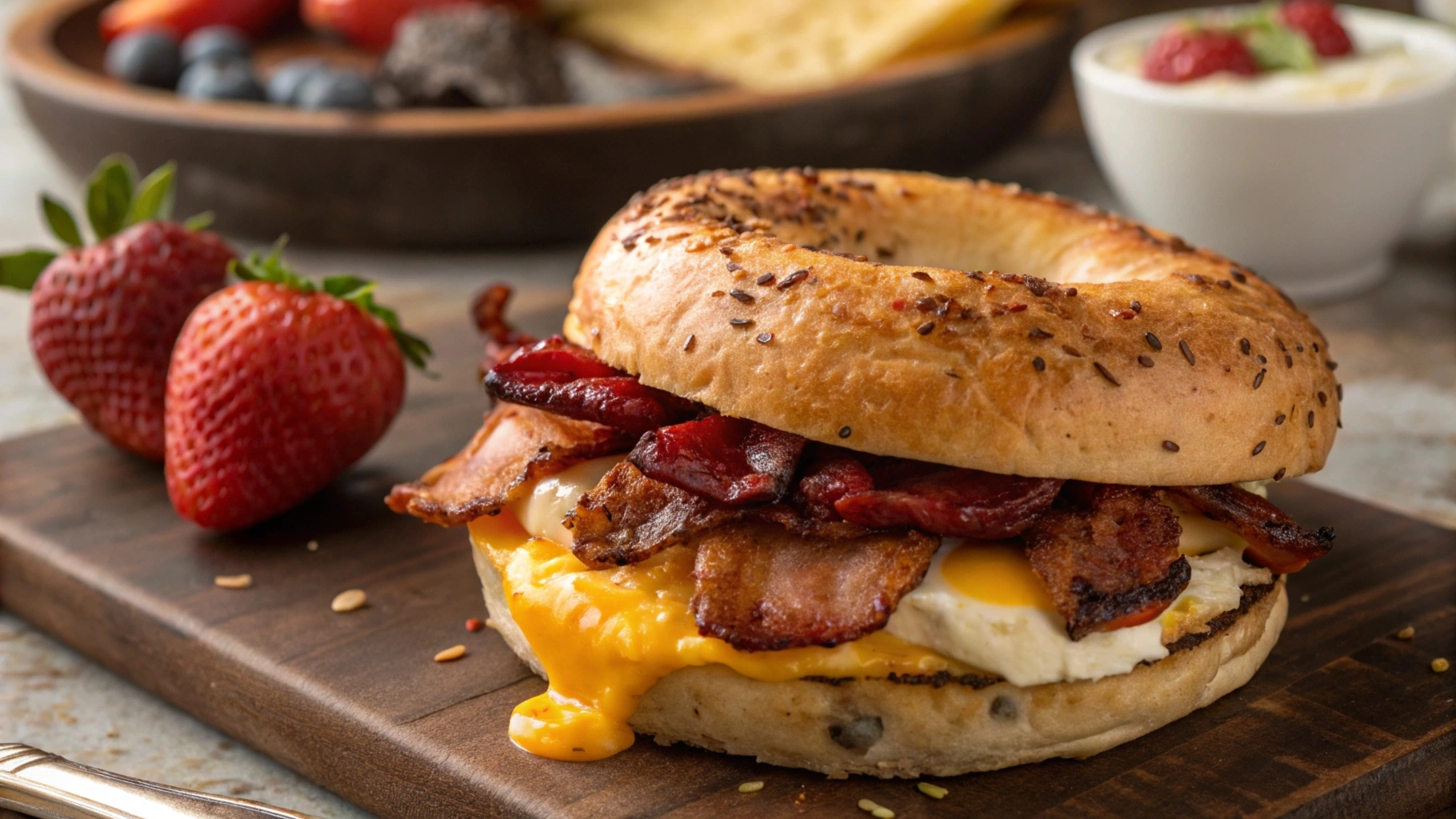 Beef bacon breakfast sandwich with eggs and cheese