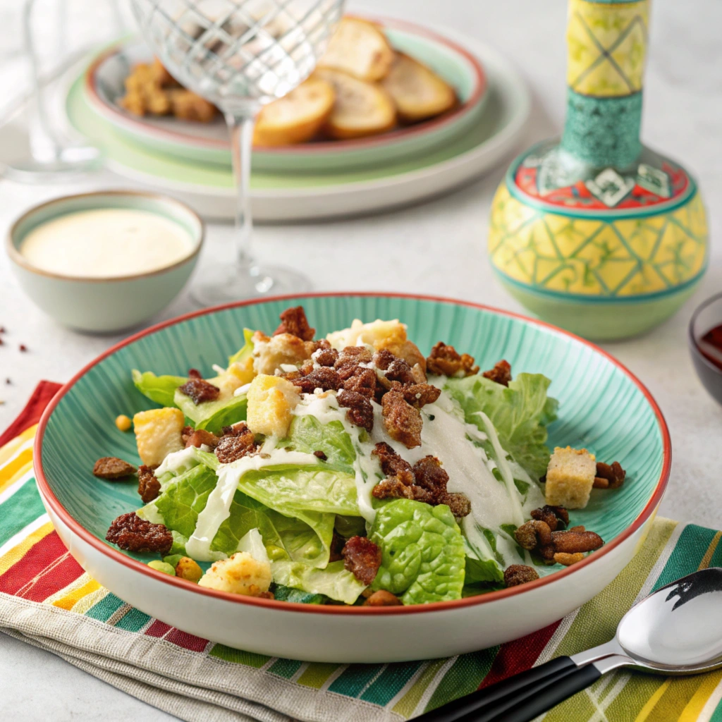  A Caesar salad topped with beef bacon crumbles