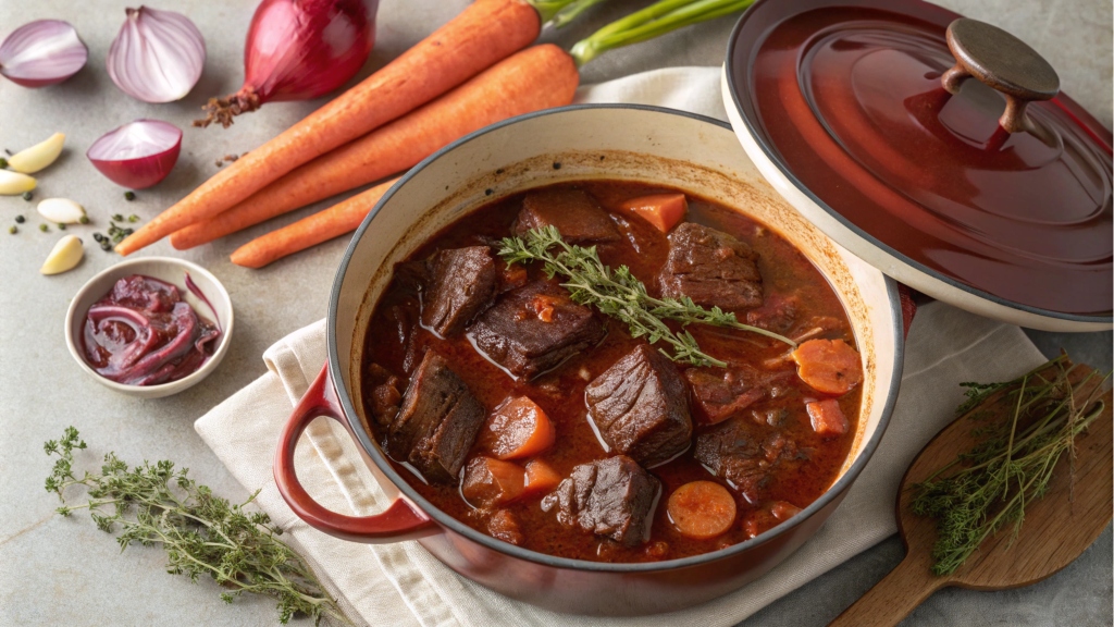 Beef cheeks braising in a Dutch oven with vegetables