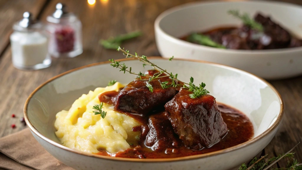 Braised beef cheeks with red wine sauce and mashed potatoes