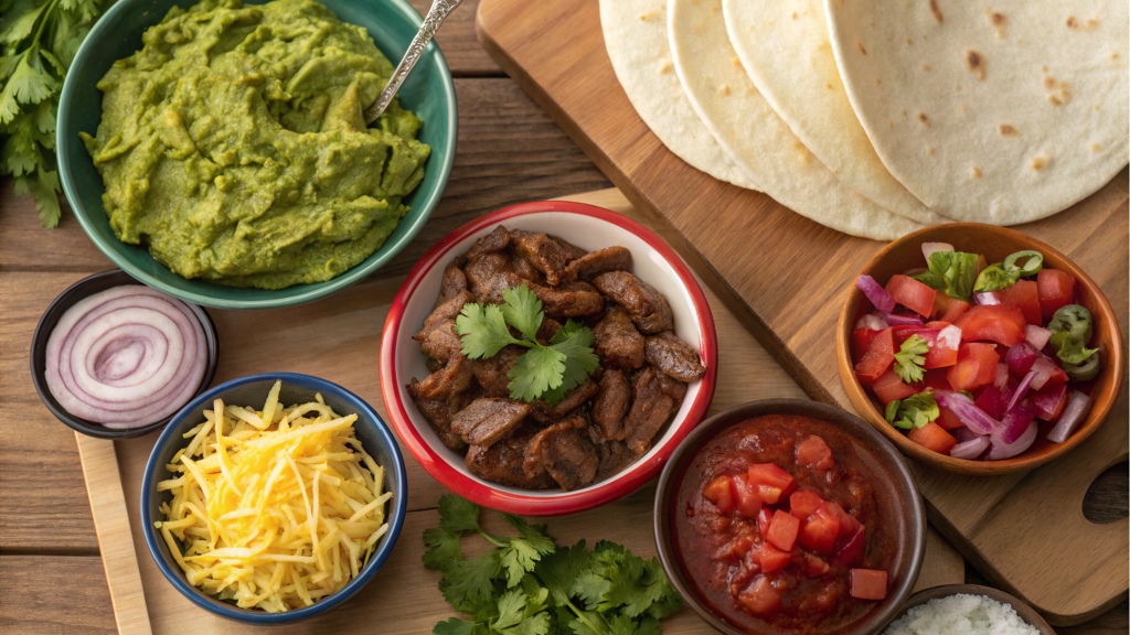 A taco bar setup with stew meat, tortillas, and various toppings