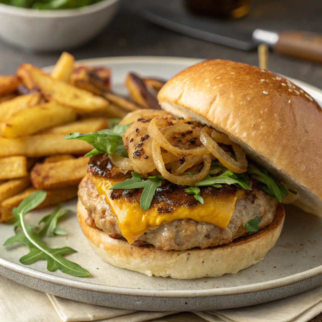 A gourmet turkey burger with cheese and caramelized onions