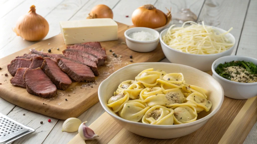 Key ingredients for cheesesteak tortellini laid out on a wooden countertop.