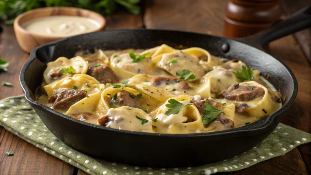 Cheesesteak tortellini served in a skillet with a creamy sauce