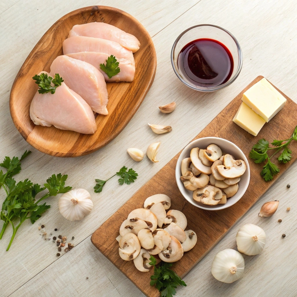 Ingredients for Chicken Marsala laid out on a countertop