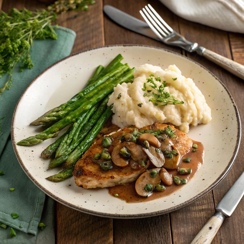 Chicken Marsala served with mashed potatoes and roasted vegetables.