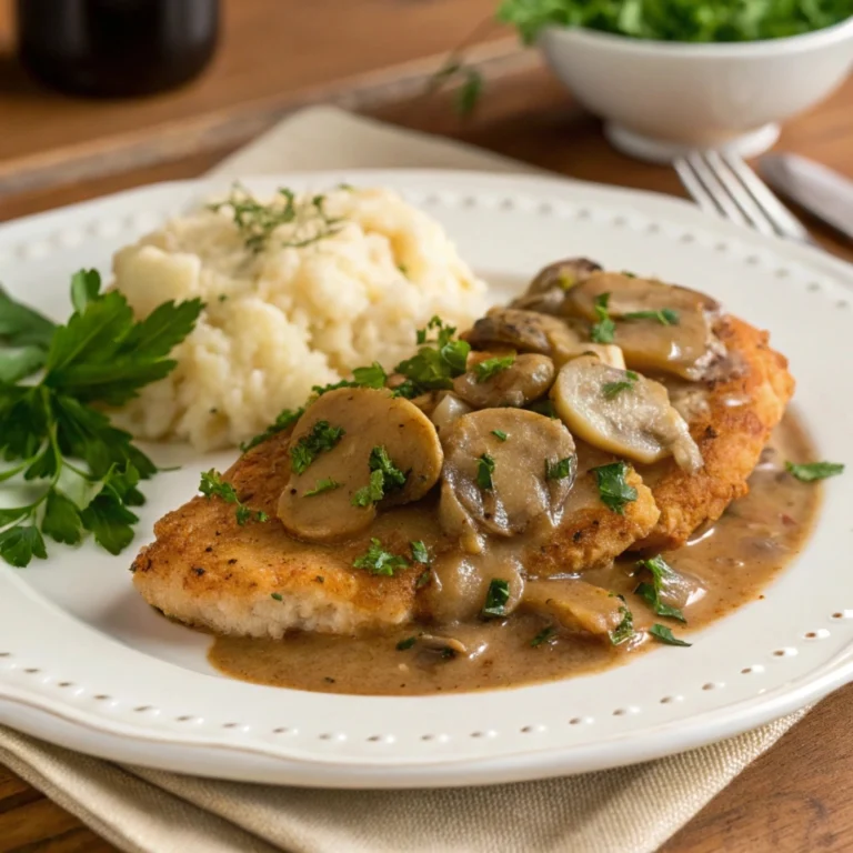 A plated dish of Chicken Marsala with mushrooms and sauce