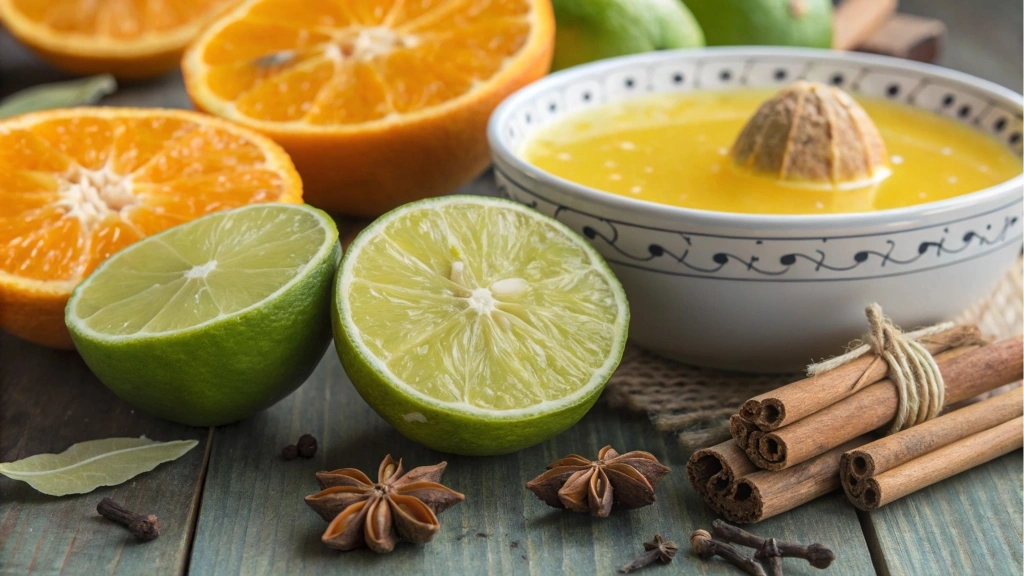 Squeezed limes and oranges with fresh juice in a glass bowl.