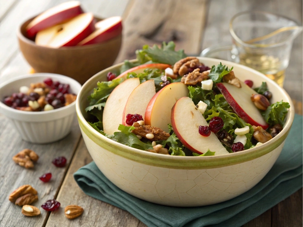 A bowl of vibrant apple salad with fresh greens, nuts, and a drizzle of dressing