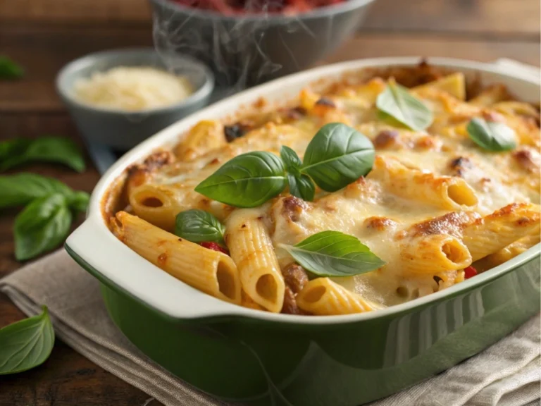 Rigatoni in creamy vodka sauce garnished with basil.