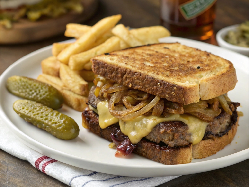 Classic Patty Melt with crispy rye bread and melted cheese