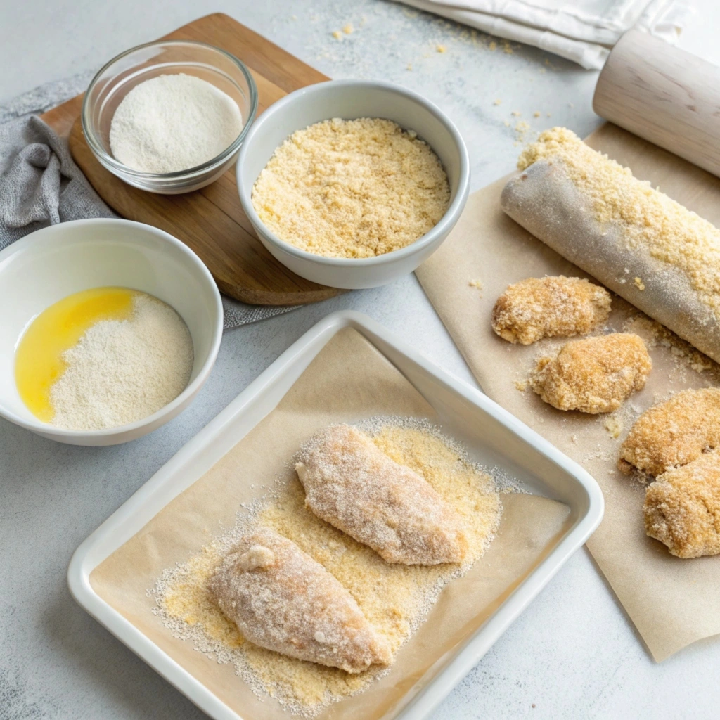 Chicken pieces being coated with breadcrumbs on a baking tray, with bowls of flour, egg wash, and breadcrumbs nearby.