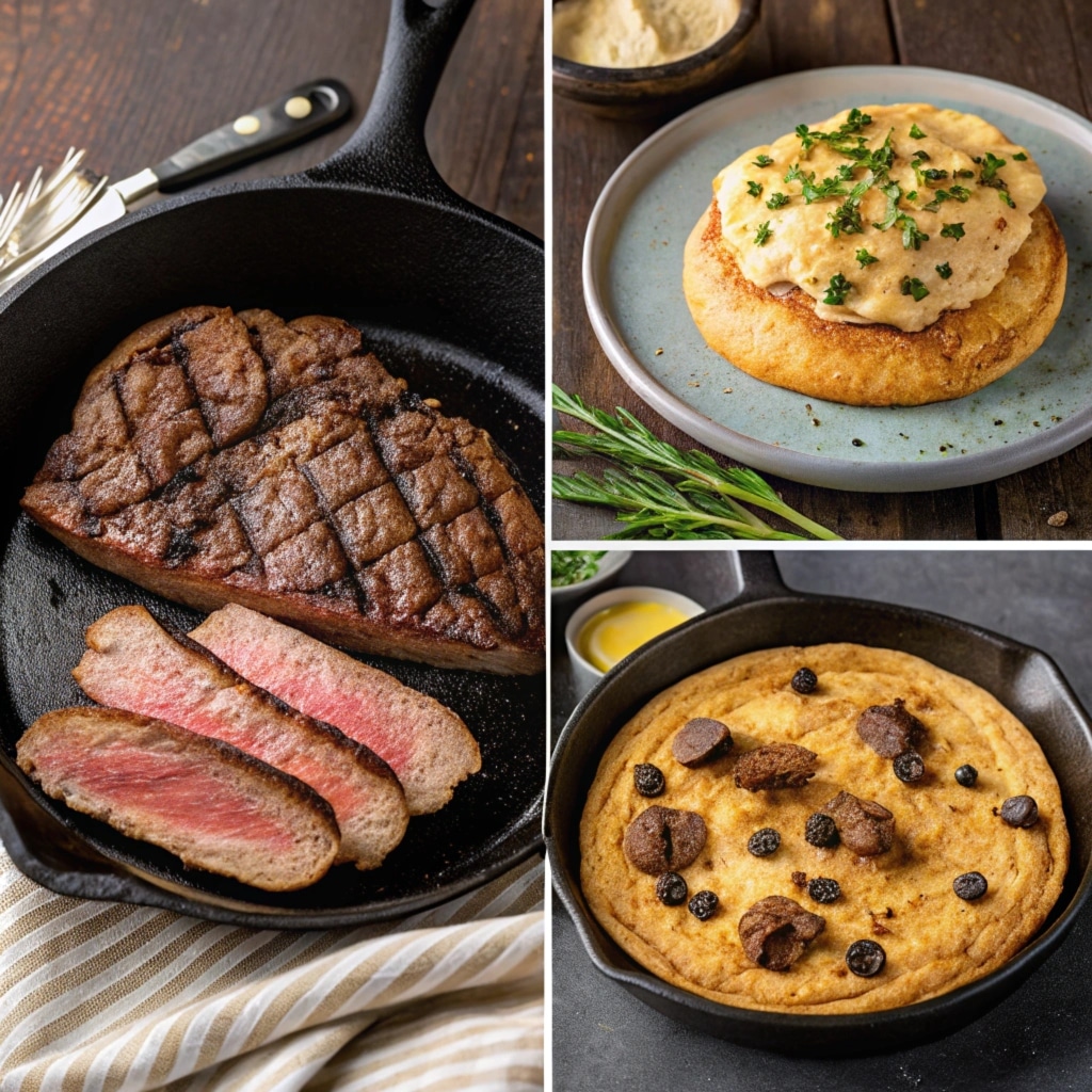 Collage of cast iron skillet dishes seared steak, pancake, and chocolate chip cookie