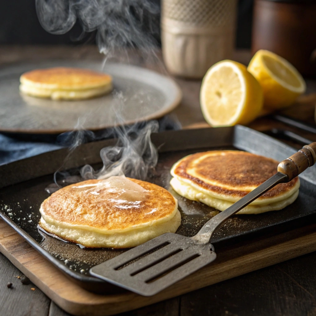 Close-up of pancake batter bubbling on a non-stick skillet, with a spatula in the frame.