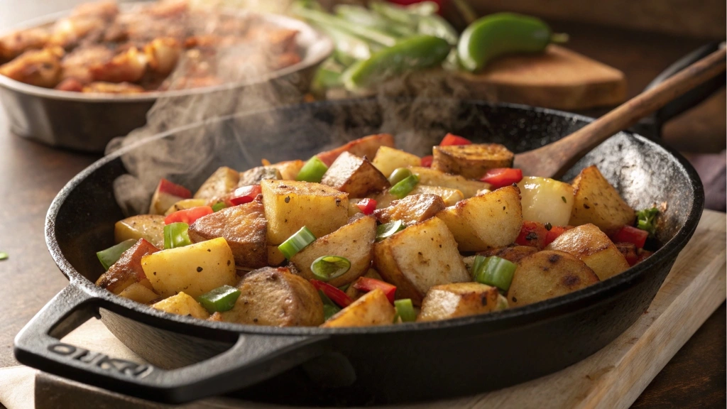 A skillet cooking Potatoes O’Brien on a stove