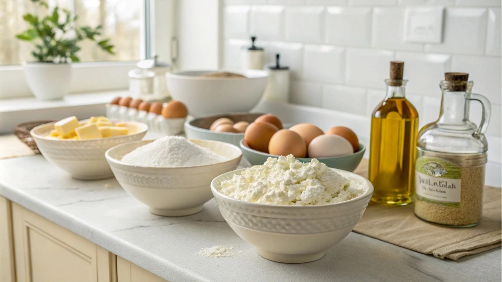 Ingredients for making cottage cheese flatbread arranged on a kitchen counter.