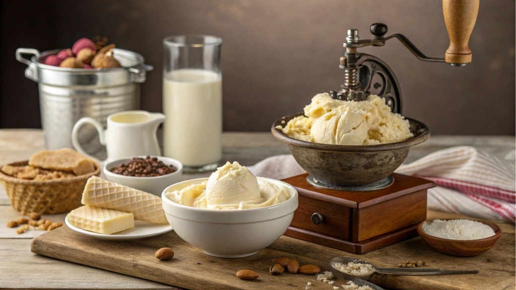 A small batch of ice cream being churned in a traditional ice cream maker