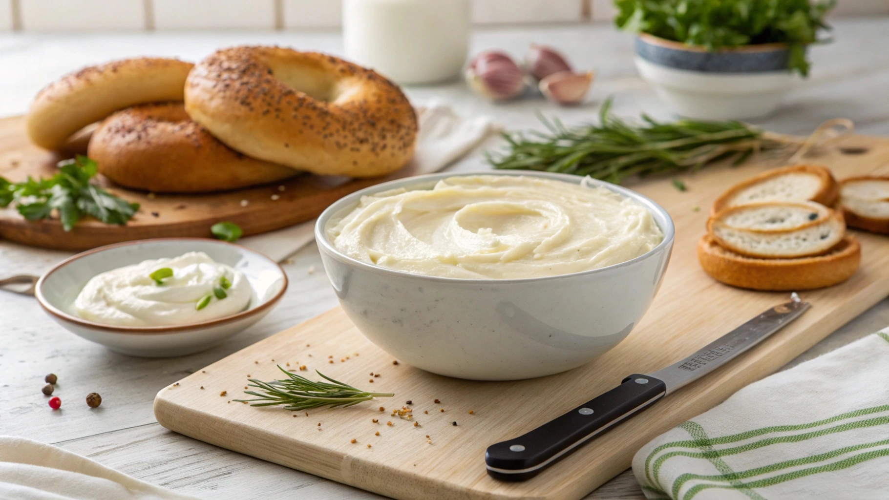 A bowl of cream cheese with bagels and herbs.