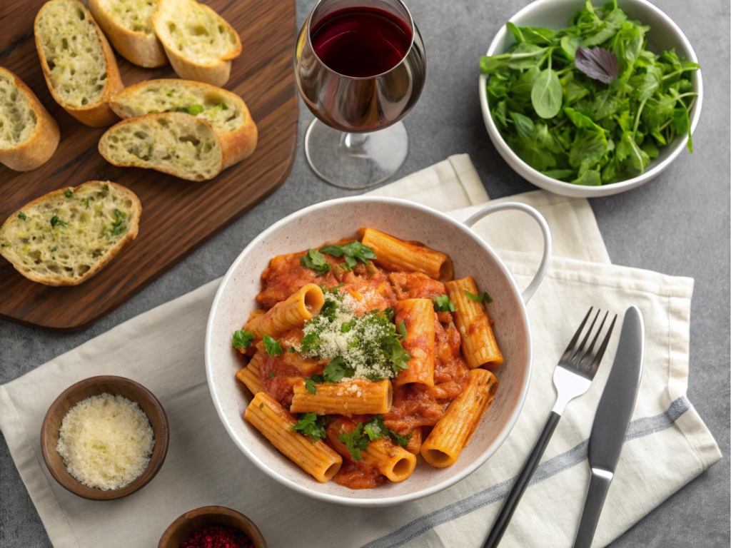 Creamy Rigatoni with Side Salad and Garlic Bread