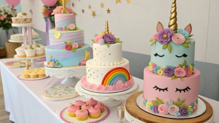 Various unicorn cake designs showcasing creative styles and colors