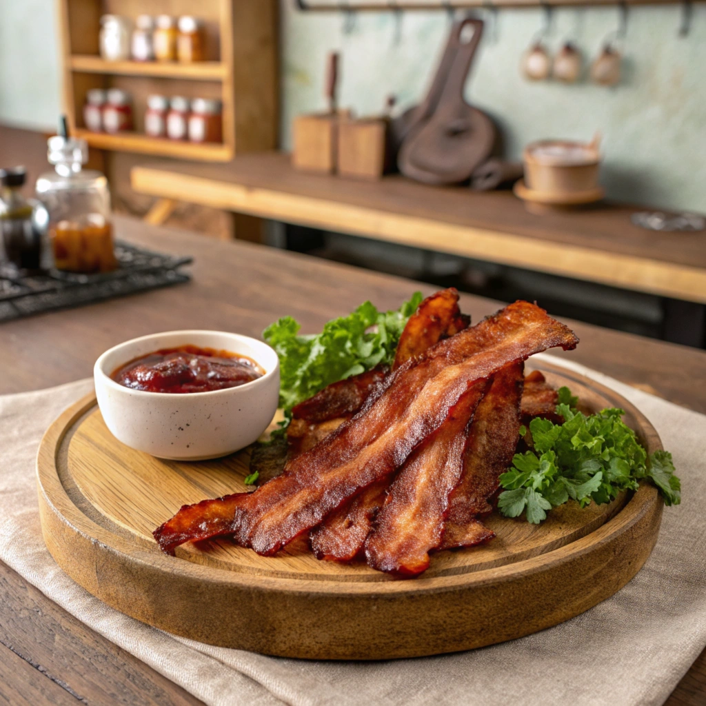 A selection of crispy beef bacon slices on a wooden platter