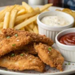 A plate of crispy salt and vinegar chicken strips served with dipping sauces.