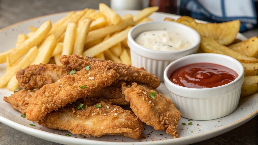 A plate of crispy salt and vinegar chicken strips served with dipping sauces.