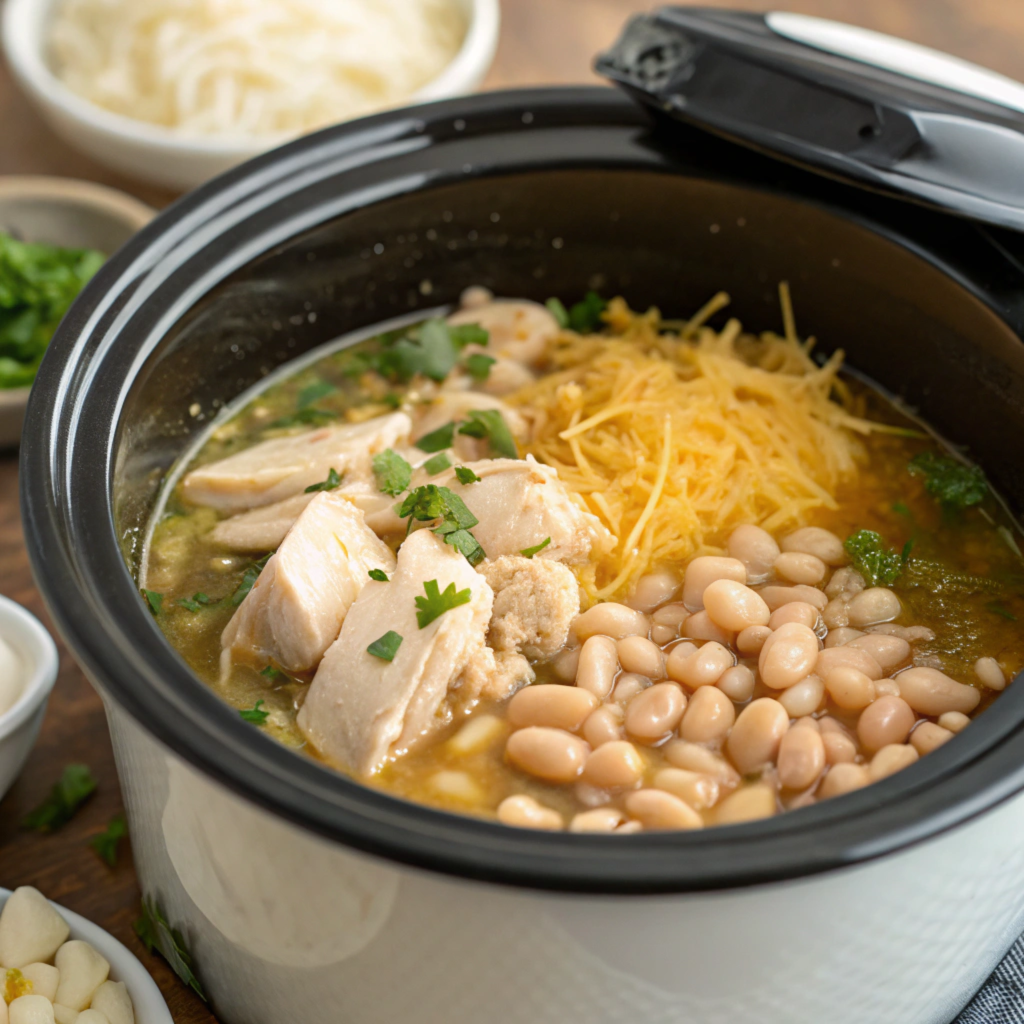 A crockpot filled with raw chicken, beans, spices, and broth ready for slow cooking.