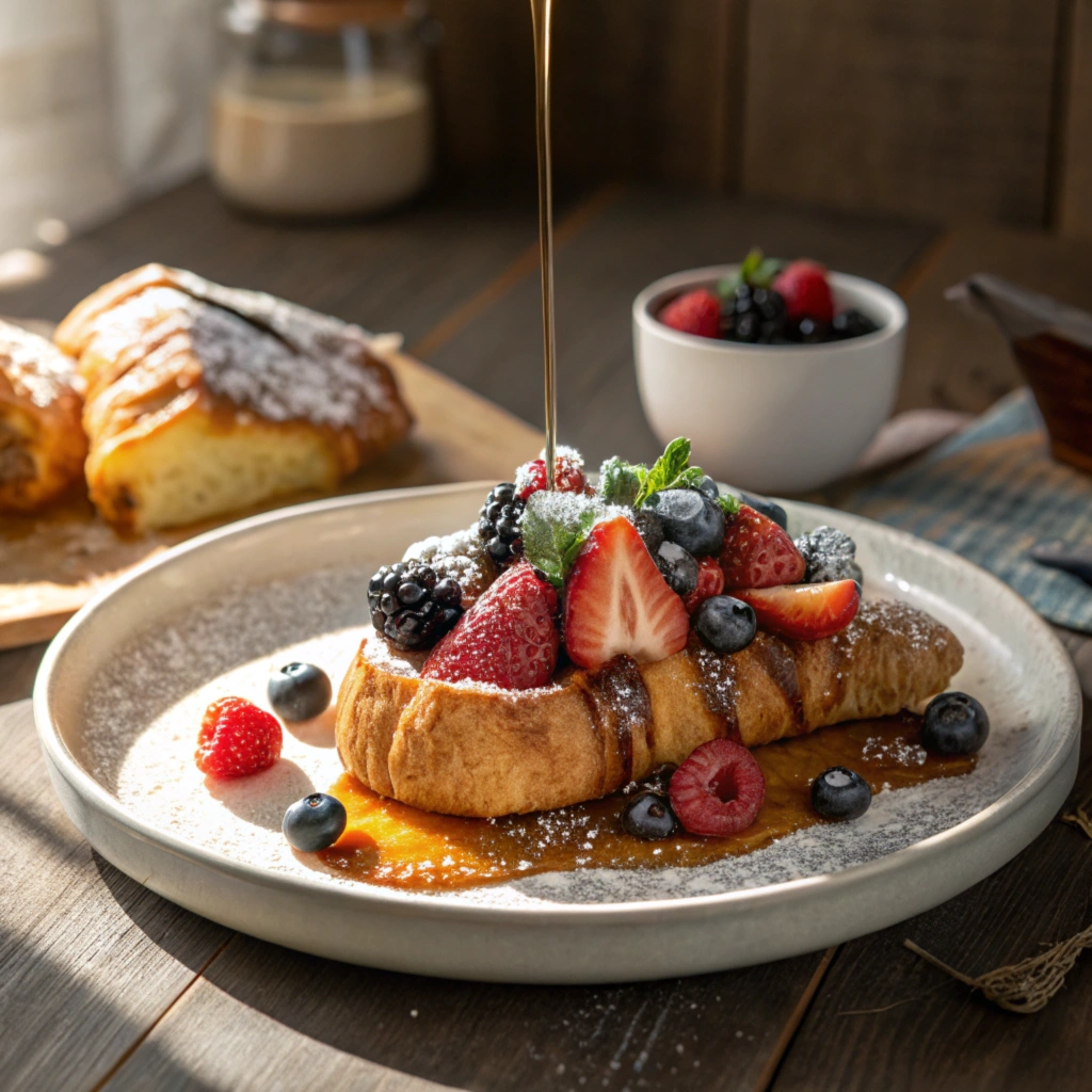 A plate of Croissant French Toast garnished with powdered sugar and mint