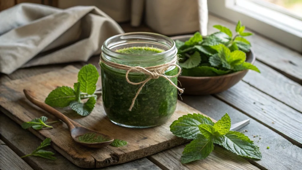 Homemade Crème de Menthe in a glass jar