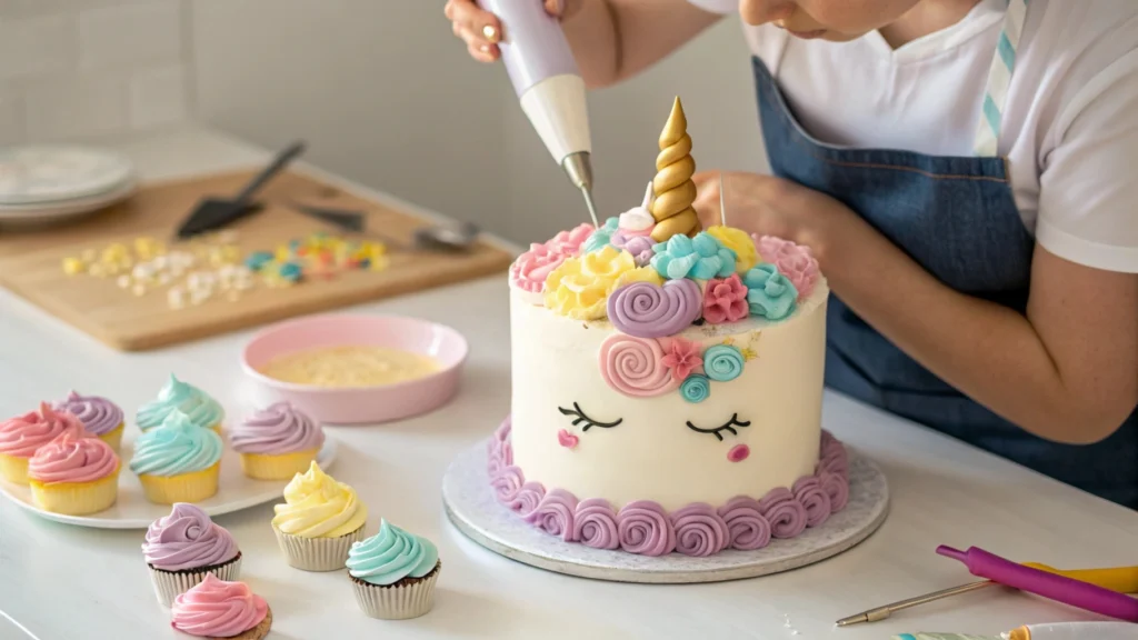 A baker decorating a unicorn cake with colorful buttercream swirls.