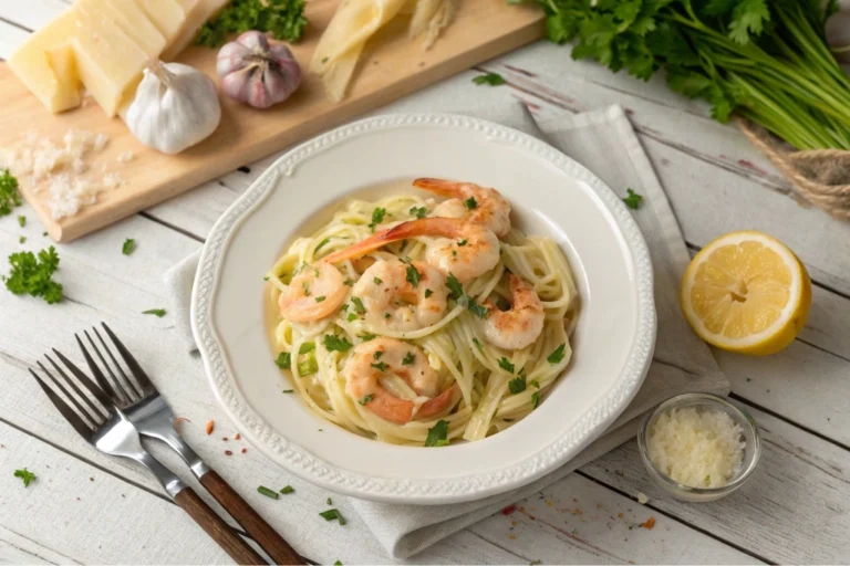 A beautifully plated shrimp pasta dish with creamy sauce and garnished with fresh herbs.