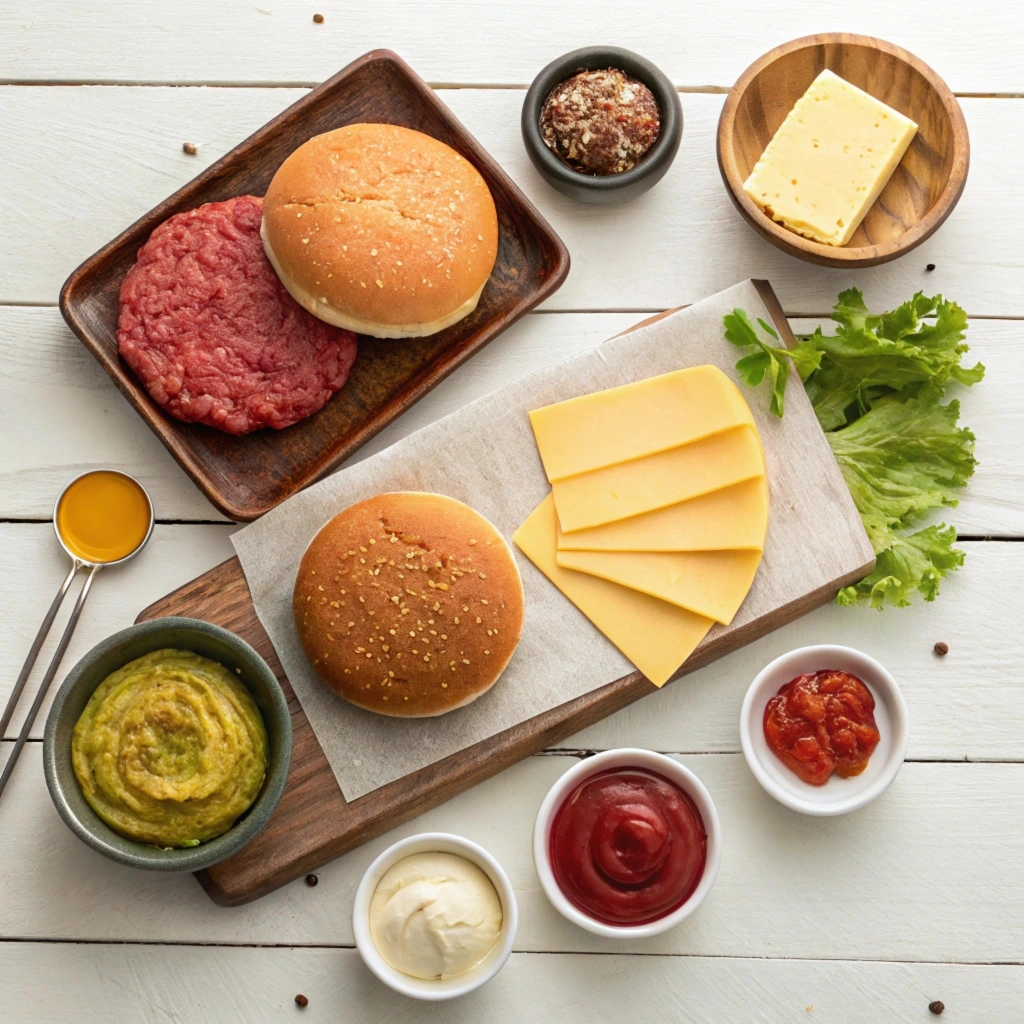 Smash burger ingredients spread out