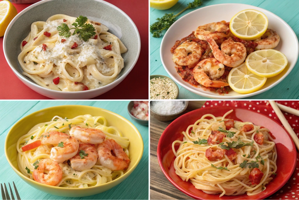 A collage showing five types of shrimp pasta: Alfredo, garlic butter, Cajun, lemon herb, and creamy tomato