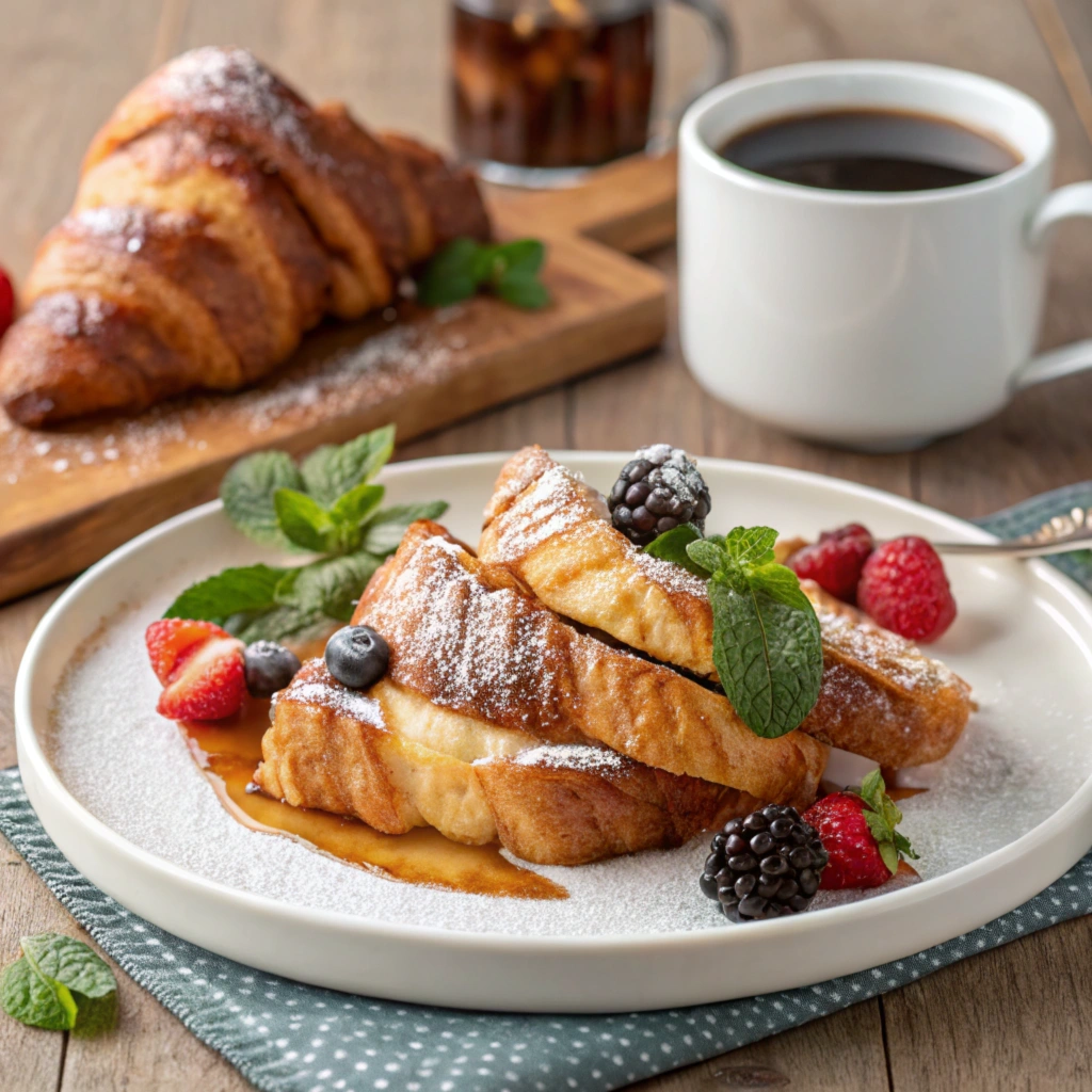 A plate of Croissant French Toast garnished with powdered sugar and mint