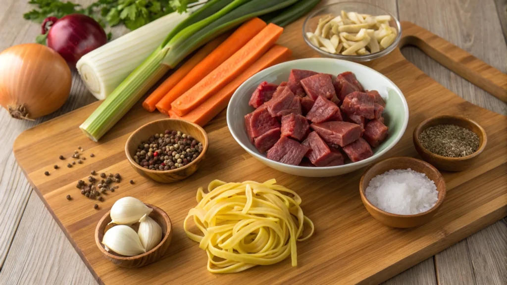 Fresh ingredients for beef and noodle soup laid out on a wooden table