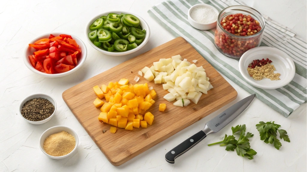 Ingredients for Potatoes O’Brien laid out on a kitchen counter