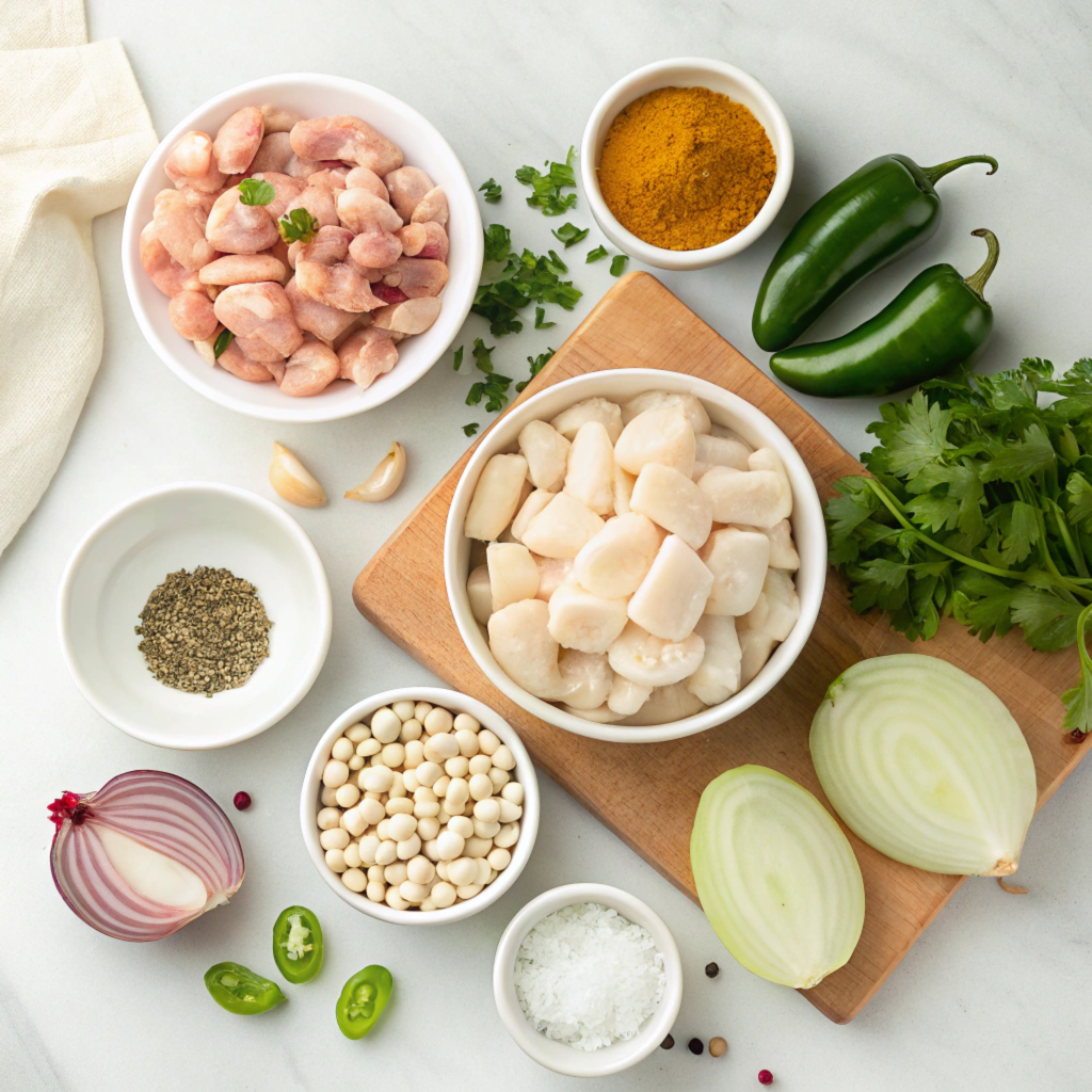  Raw ingredients for white chicken chili including chicken, beans, spices, and green chiles arranged on a countertop