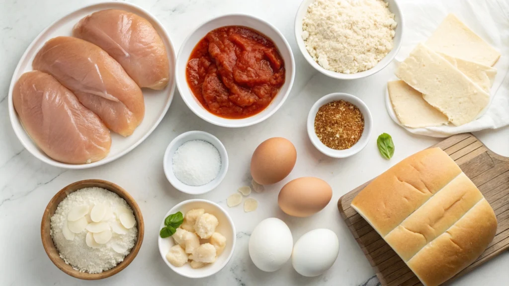 Ingredients for a homemade Chicken Parm Sandwich