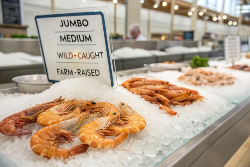 Fresh shrimp on ice with labels indicating their types (jumbo, medium, wild-caught).