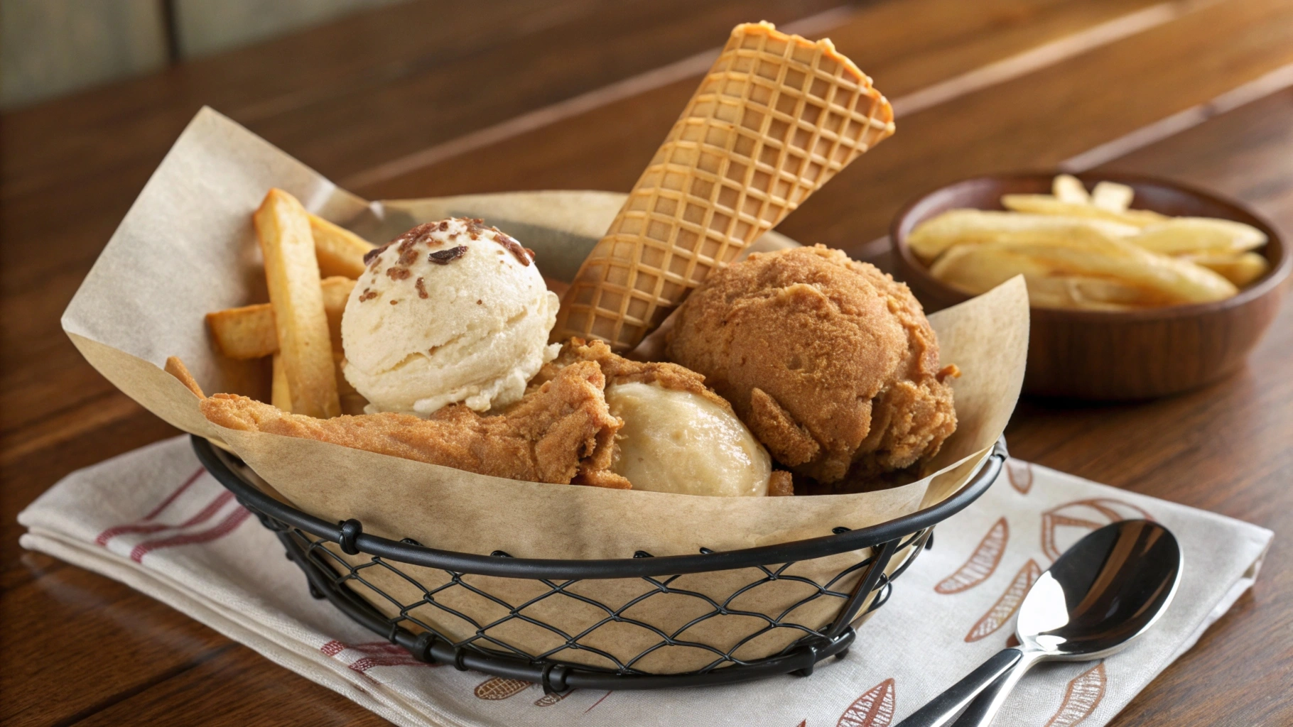 Fried chicken ice cream served in a basket with shortbread fries.