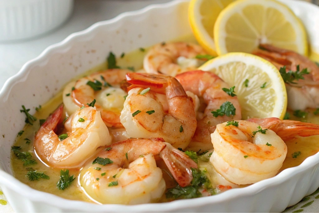 A plate of Garlic Butter Shrimp garnished with parsley and lemon slices.