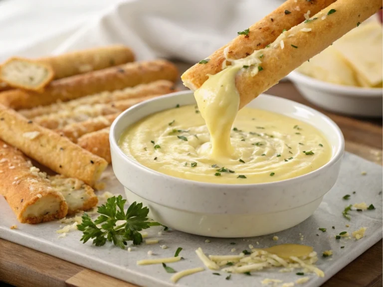 Breadsticks dipped in garlic parmesan sauce.